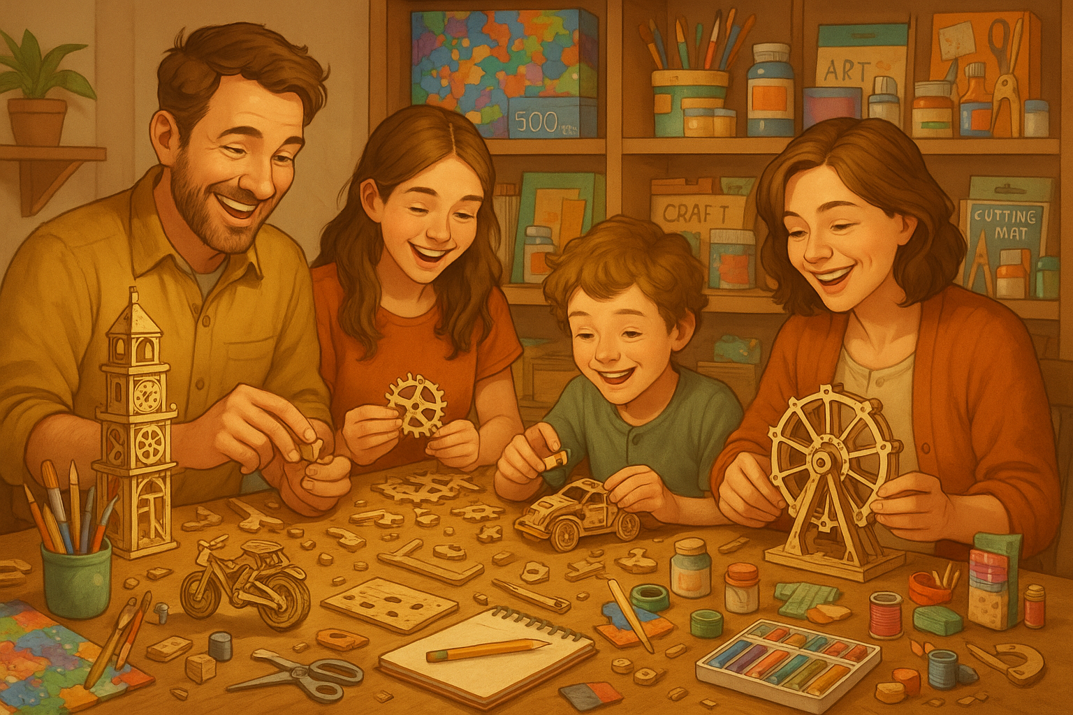 Une famille très connecter s'amusent sur une table avec un hobbies 3d en bois et autre d'eux il y'a toutes une collection d'univers des hobbies puzzles, art créatifs ,kits dessin,DIY